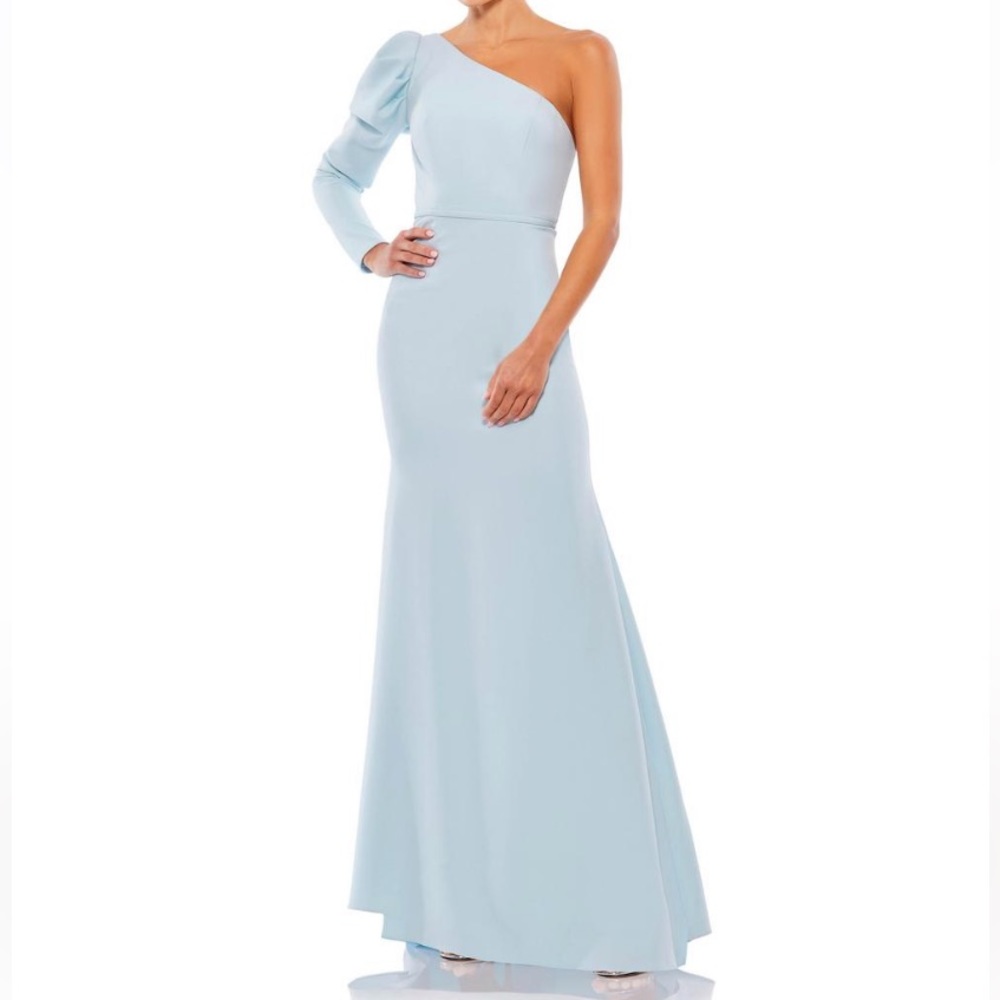Mac Duggal leena 26592 Light Blue One Shoulder Long Sleeve Gown Dress